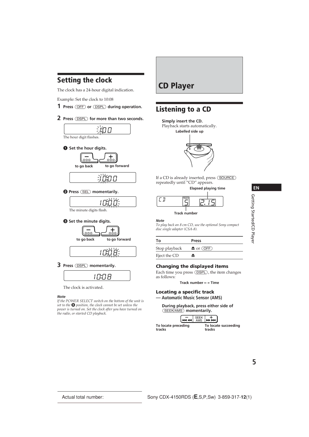 Sony CDX-4150RDS operating instructions CD Player, Setting the clock, Listening to a CD, Changing the displayed items 