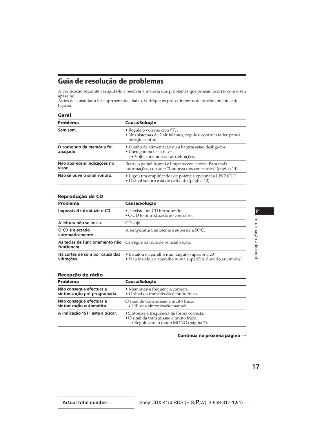 Sony CDX-4150RDS operating instructions Guia de resolução de problemas, Reprodução de CD, Recepção de rádio 