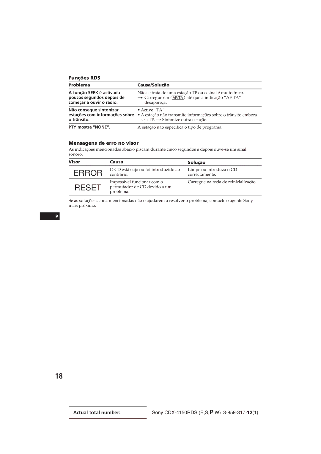 Sony CDX-4150RDS operating instructions Funções RDS, Mensagens de erro no visor 