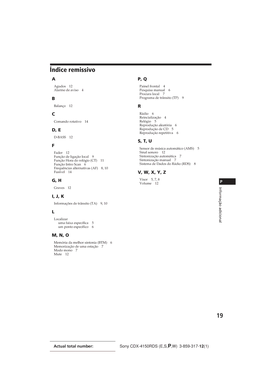 Sony CDX-4150RDS operating instructions Índice remissivo 