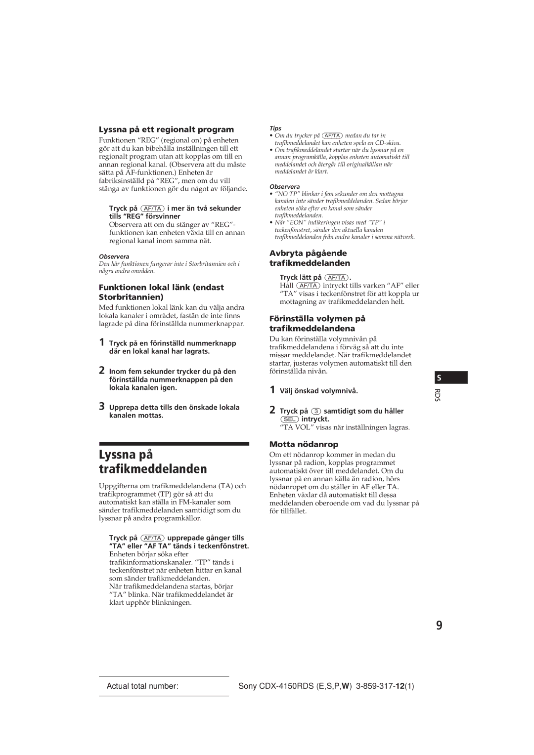 Sony CDX-4150RDS operating instructions Lyssna på trafikmeddelanden 