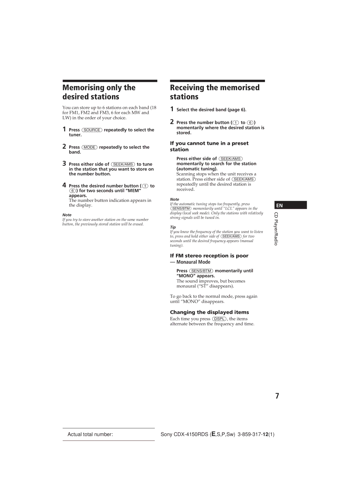 Sony CDX-4150RDS operating instructions Receiving the memorised stations, Memorising only the desired stations 