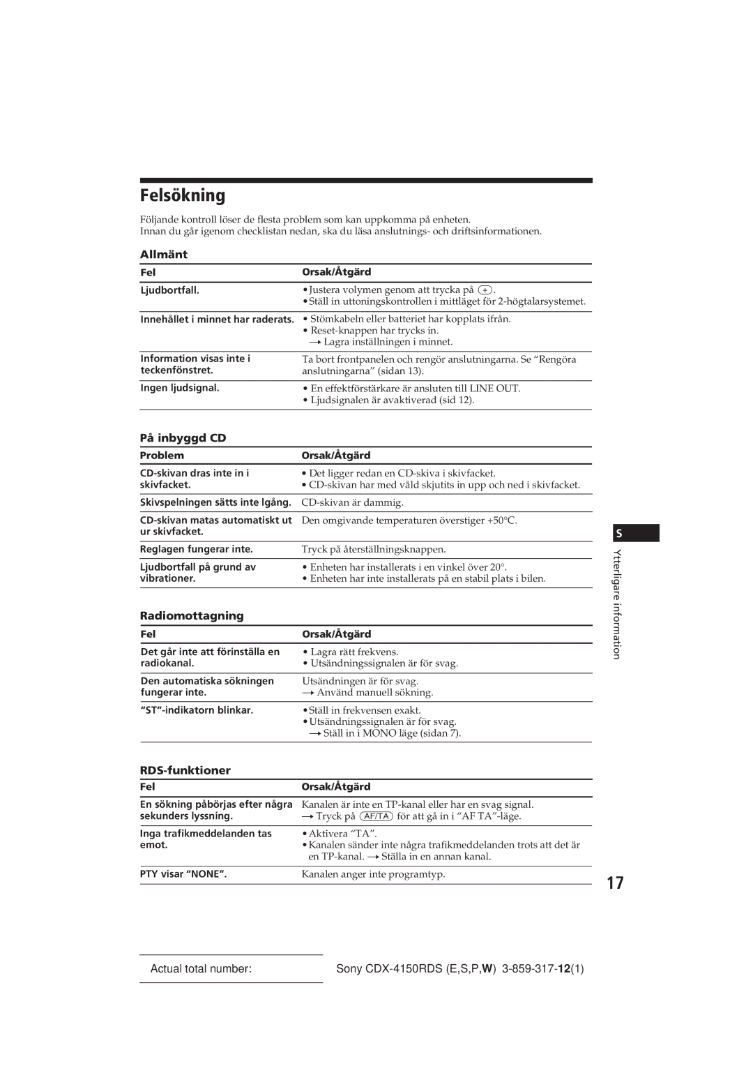 Sony CDX-4150RDS operating instructions Felsökning, På inbyggd CD, Radiomottagning, RDS-funktioner 