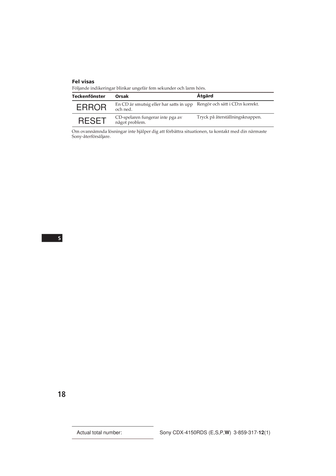 Sony CDX-4150RDS operating instructions Fel visas, Teckenfönster Orsak Åtgärd 