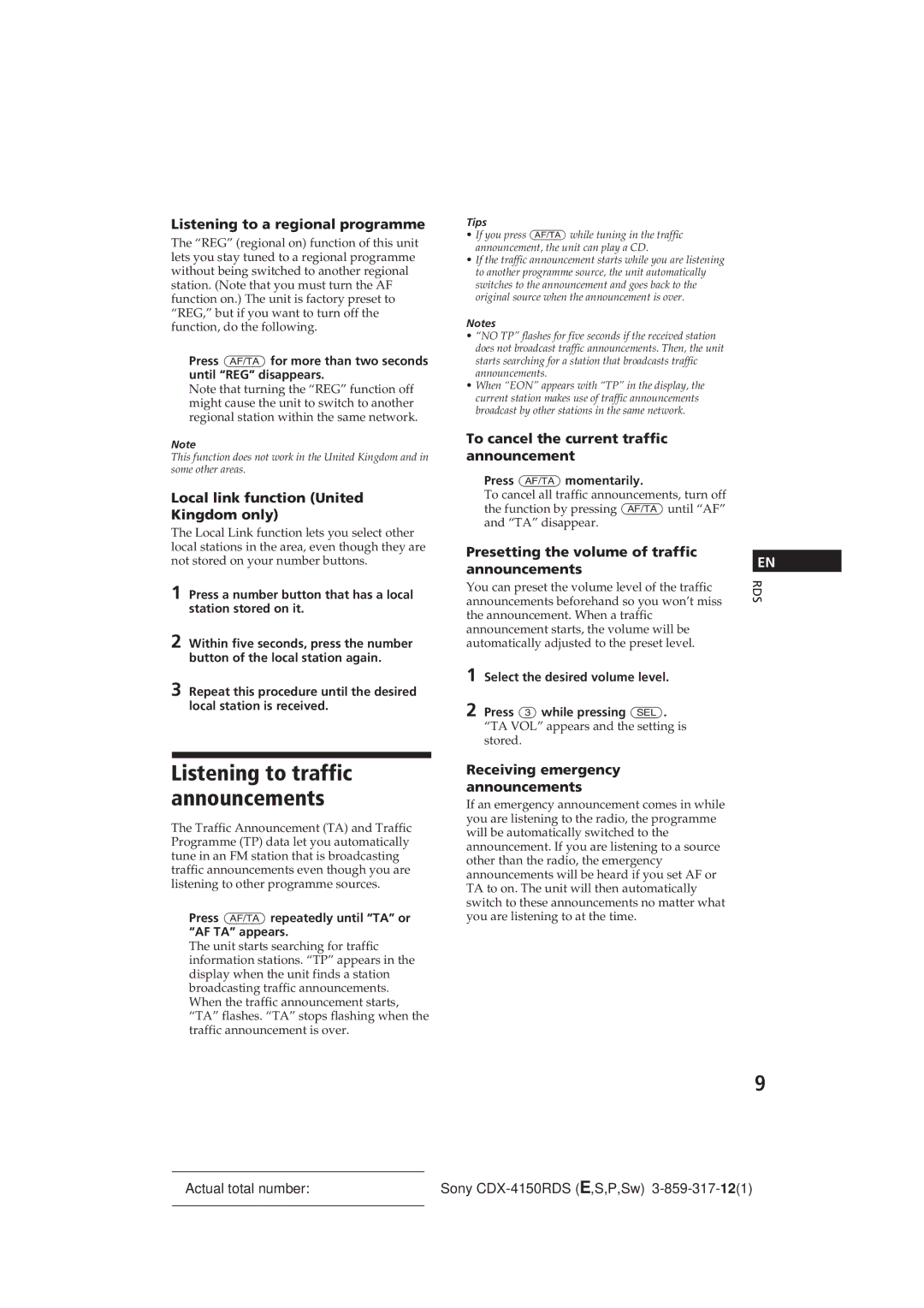 Sony CDX-4150RDS operating instructions Listening to traffic announcements 