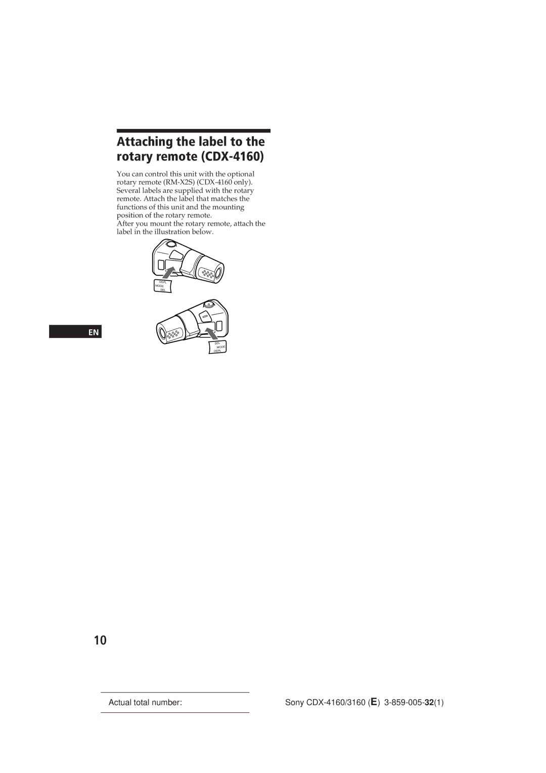 Sony 0 CDX-3160 operating instructions Attaching the label to the rotary remote CDX-4160 