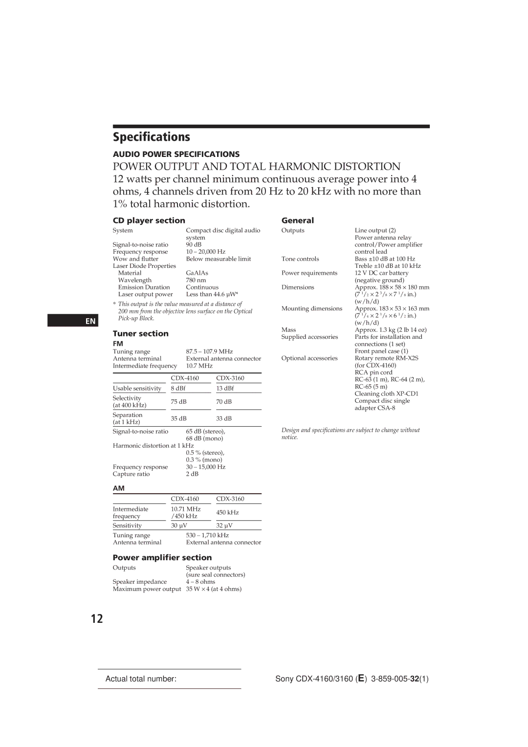 Sony CDX-416, 0 CDX-3160 operating instructions Specifications, CD player section, General, Power amplifier section 