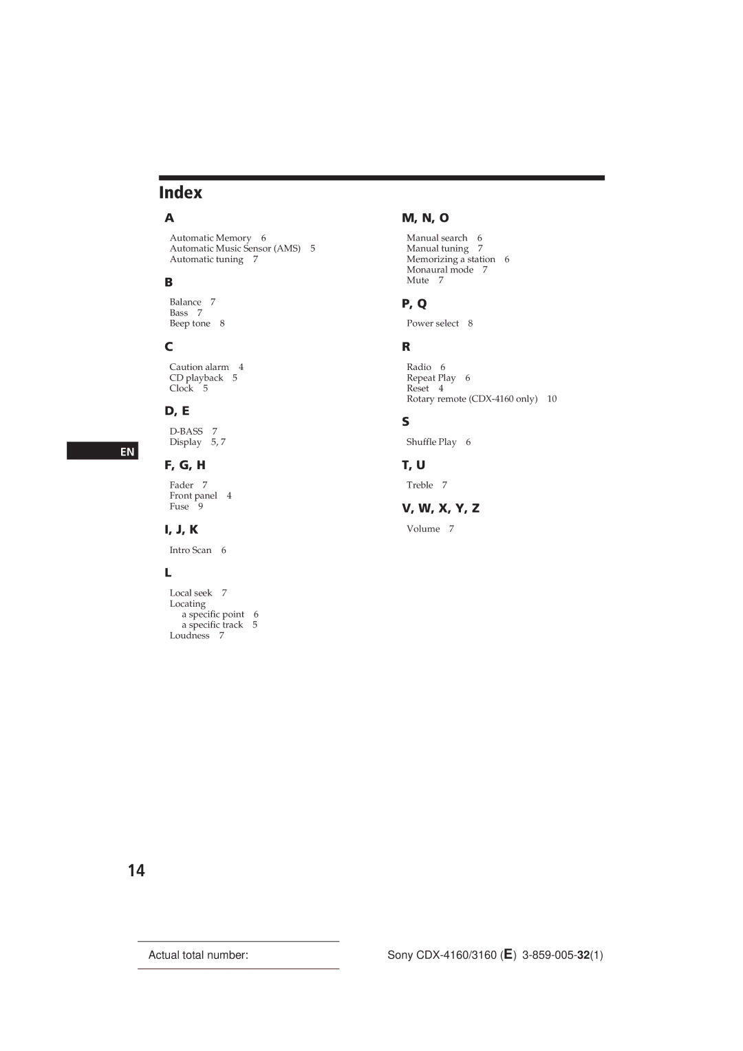 Sony CDX-416, 0 CDX-3160 operating instructions Index, X, Y, Z 