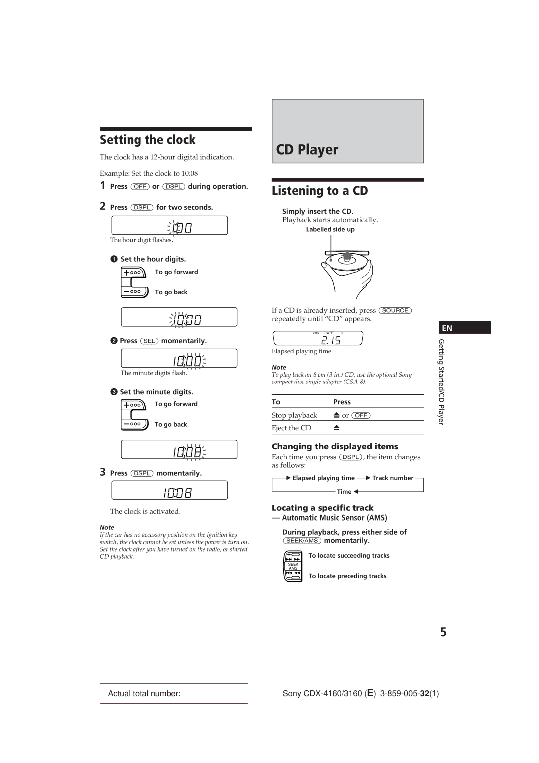 Sony 0 CDX-3160, CDX-416 CD Player, Setting the clock, Listening to a CD, Changing the displayed items 