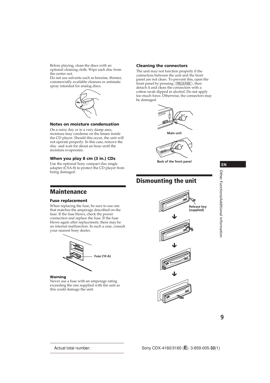 Sony 0 CDX-3160 Maintenance, Dismounting the unit, When you play 8 cm 3 in. CDs, Fuse replacement, Cleaning the connectors 