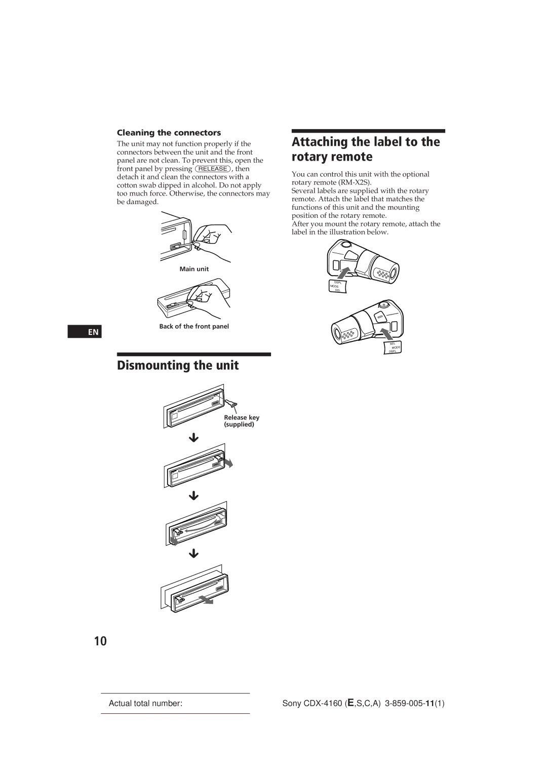 Sony CDX-4160 Attaching the label to the rotary remote, Dismounting the unit, Cleaning the connectors 