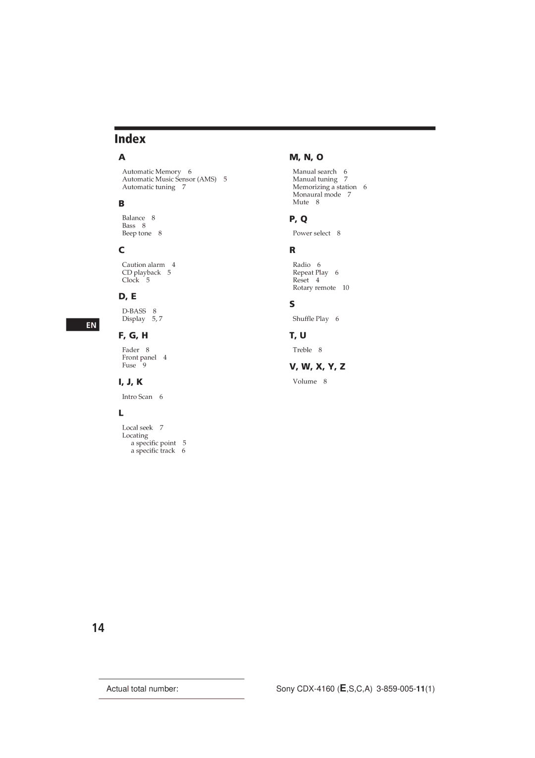 Sony CDX-4160 operating instructions Index, X, Y, Z 