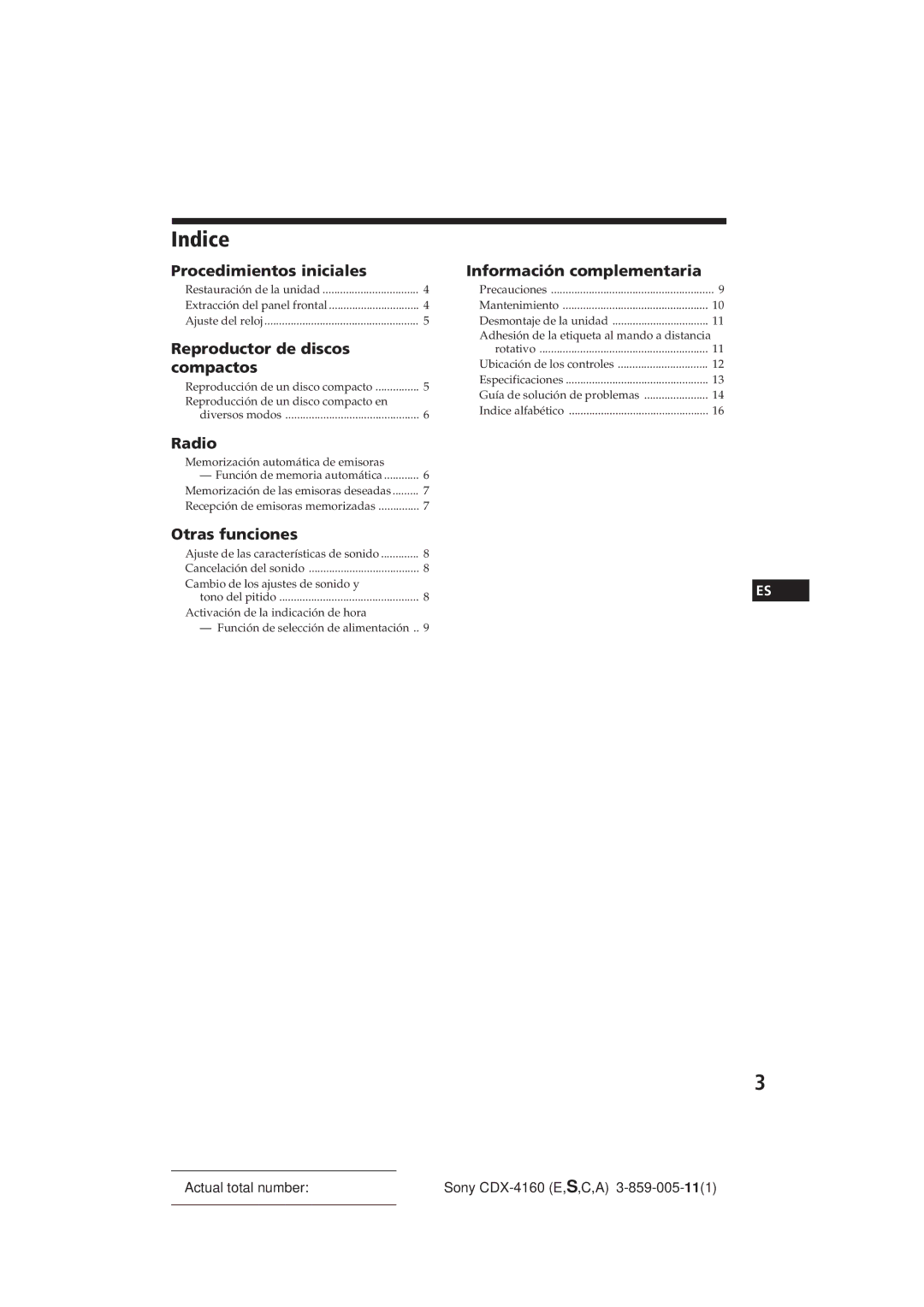 Sony CDX-4160 operating instructions Indice, Otras funciones 