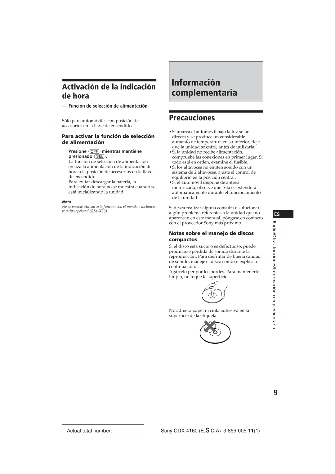 Sony CDX-4160 Activación de la indicación de hora, Precauciones, Función de selección de alimentación 