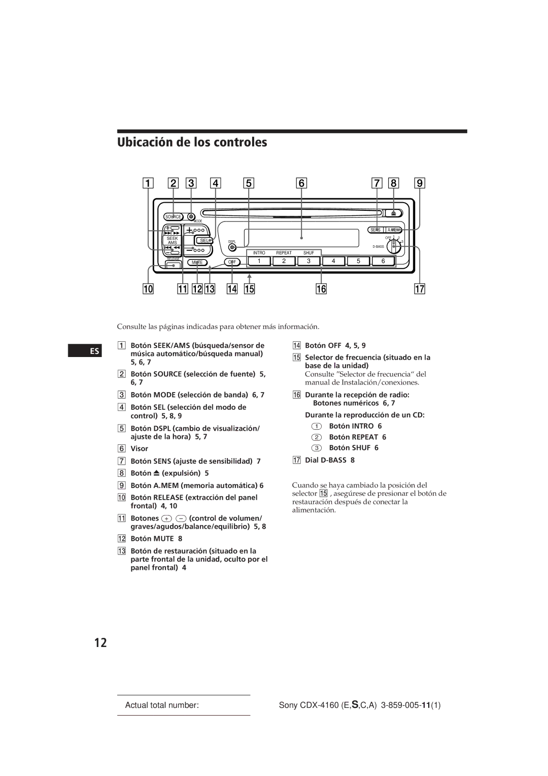 Sony CDX-4160 operating instructions Ubicación de los controles 