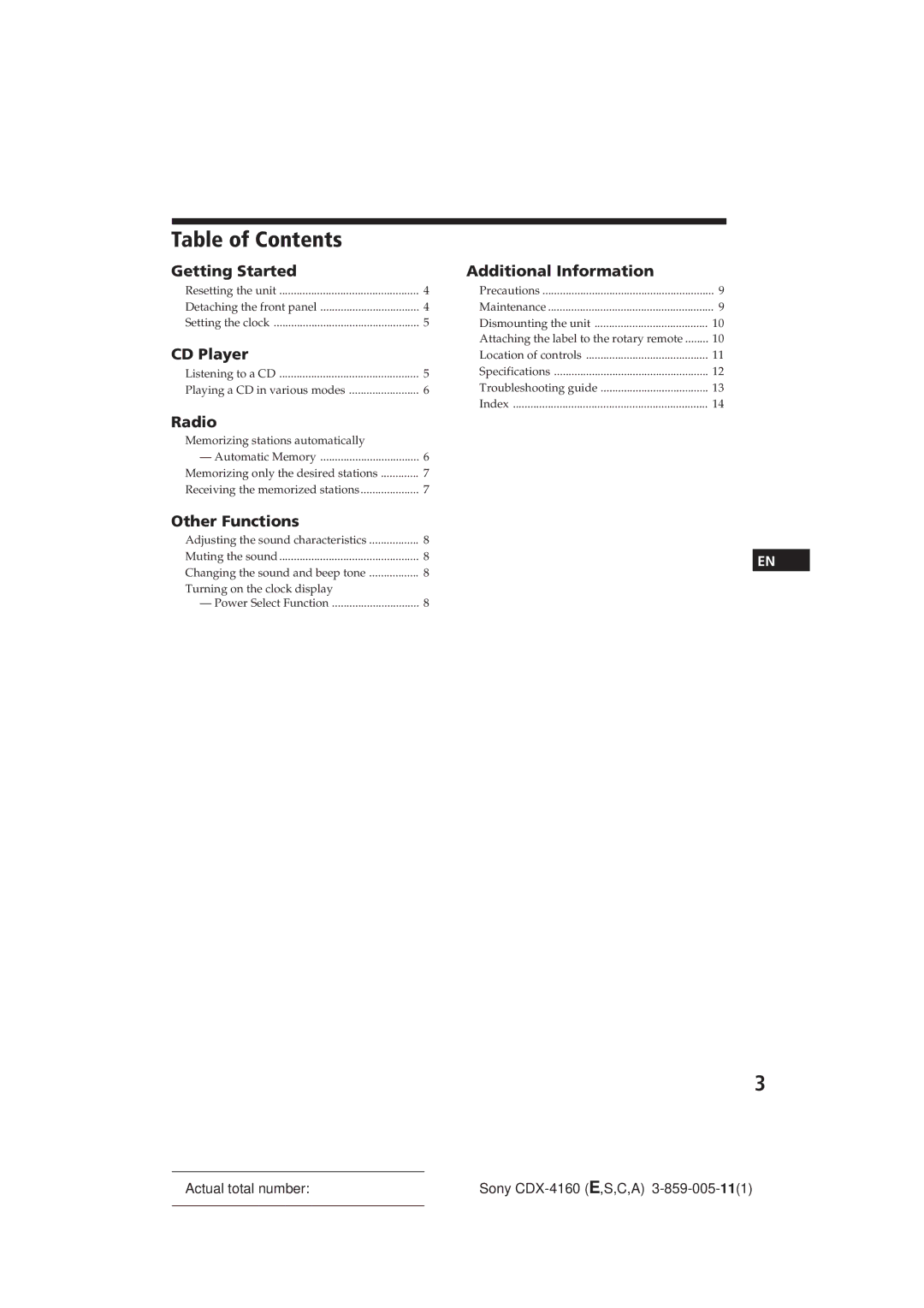 Sony CDX-4160 operating instructions Table of Contents 