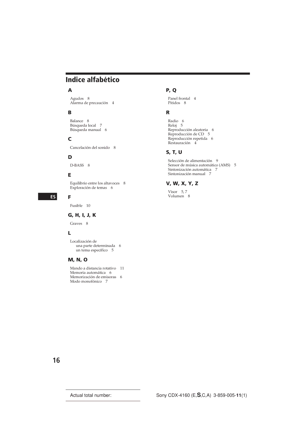 Sony CDX-4160 operating instructions Indice alfabético, I, J, K 