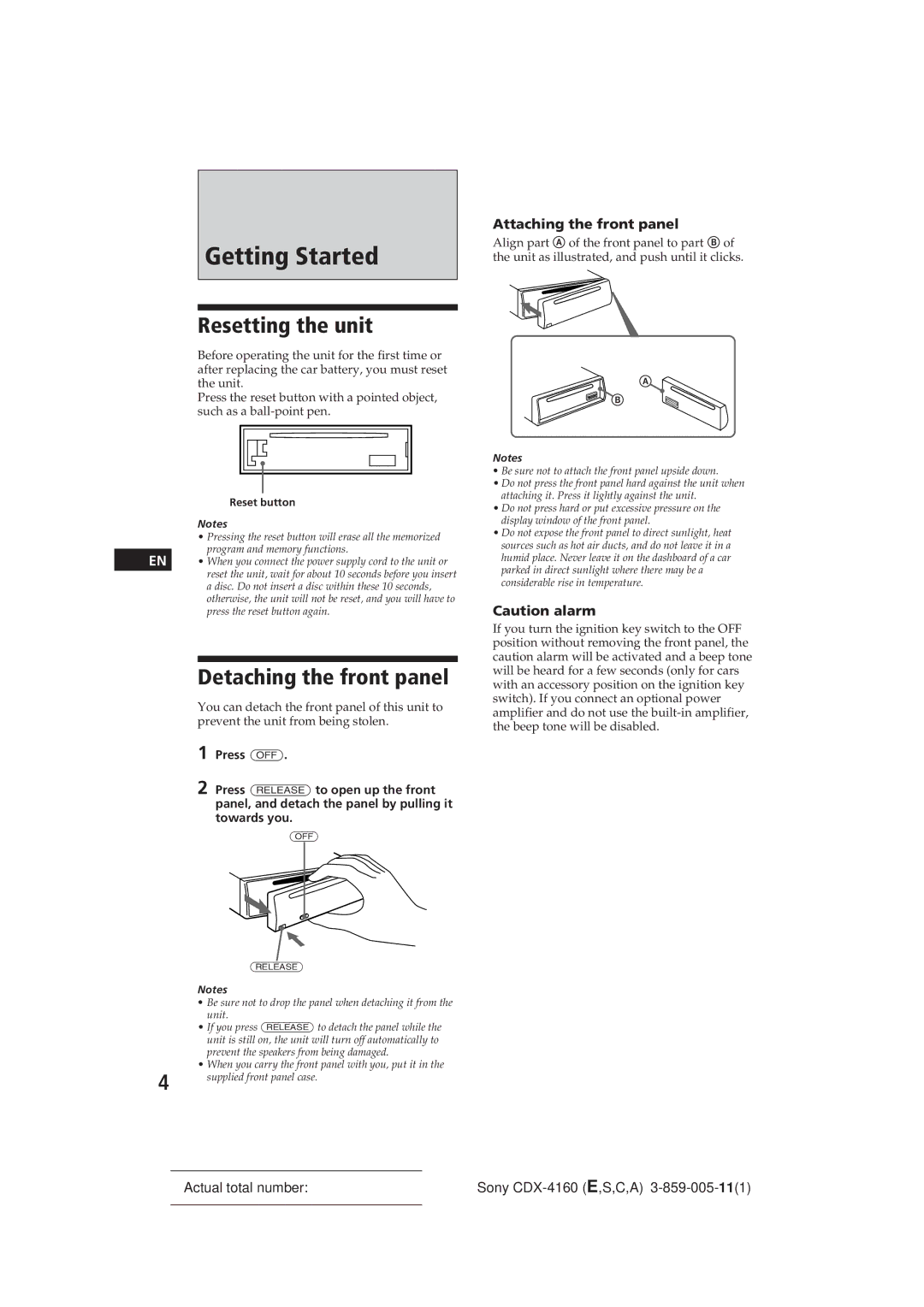 Sony CDX-4160 Getting Started, Resetting the unit, Detaching the front panel, Attaching the front panel 