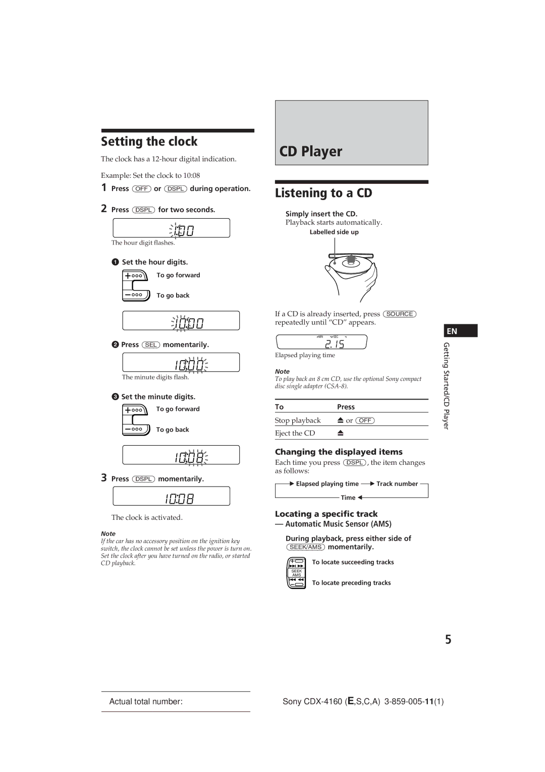 Sony CDX-4160 operating instructions CD Player, Setting the clock, Listening to a CD, Changing the displayed items 