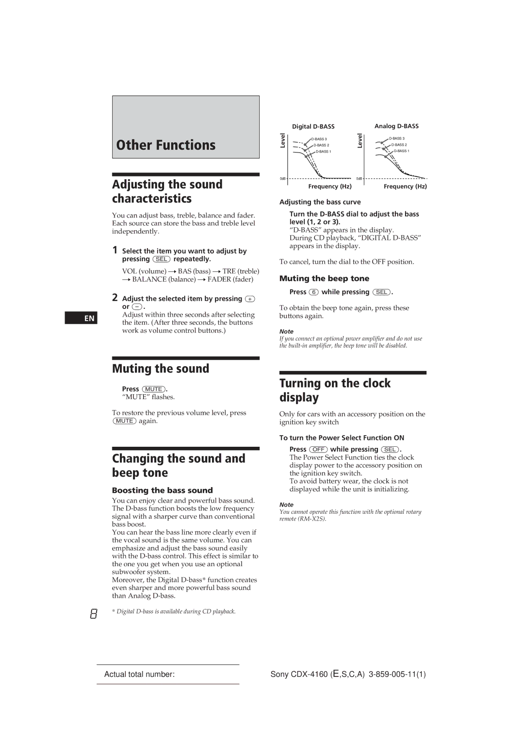 Sony CDX-4160 Other Functions, Muting the sound, Changing the sound and beep tone, Turning on the clock 