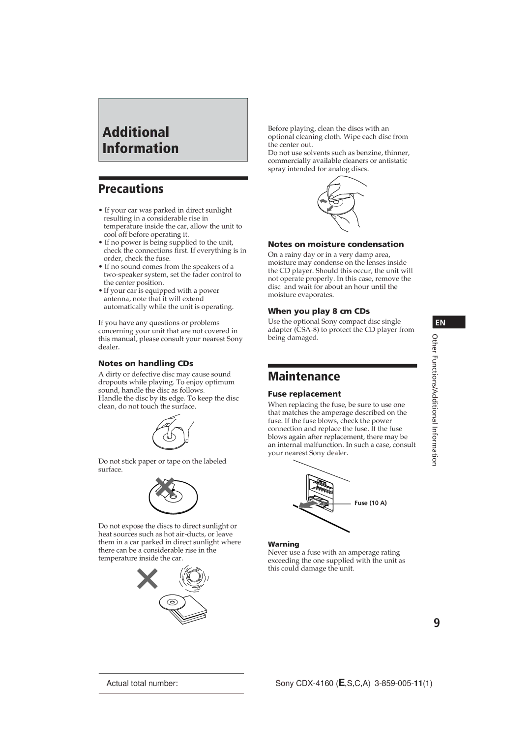 Sony CDX-4160 Additional Information, Precautions, Maintenance, When you play 8 cm CDs, Fuse replacement 