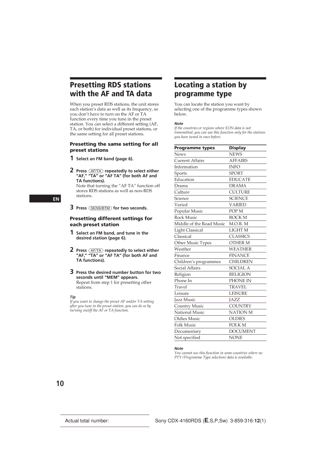 Sony CDX-4160RDS manual Locating a station by programme type, Presetting RDS stations with the AF and TA data 
