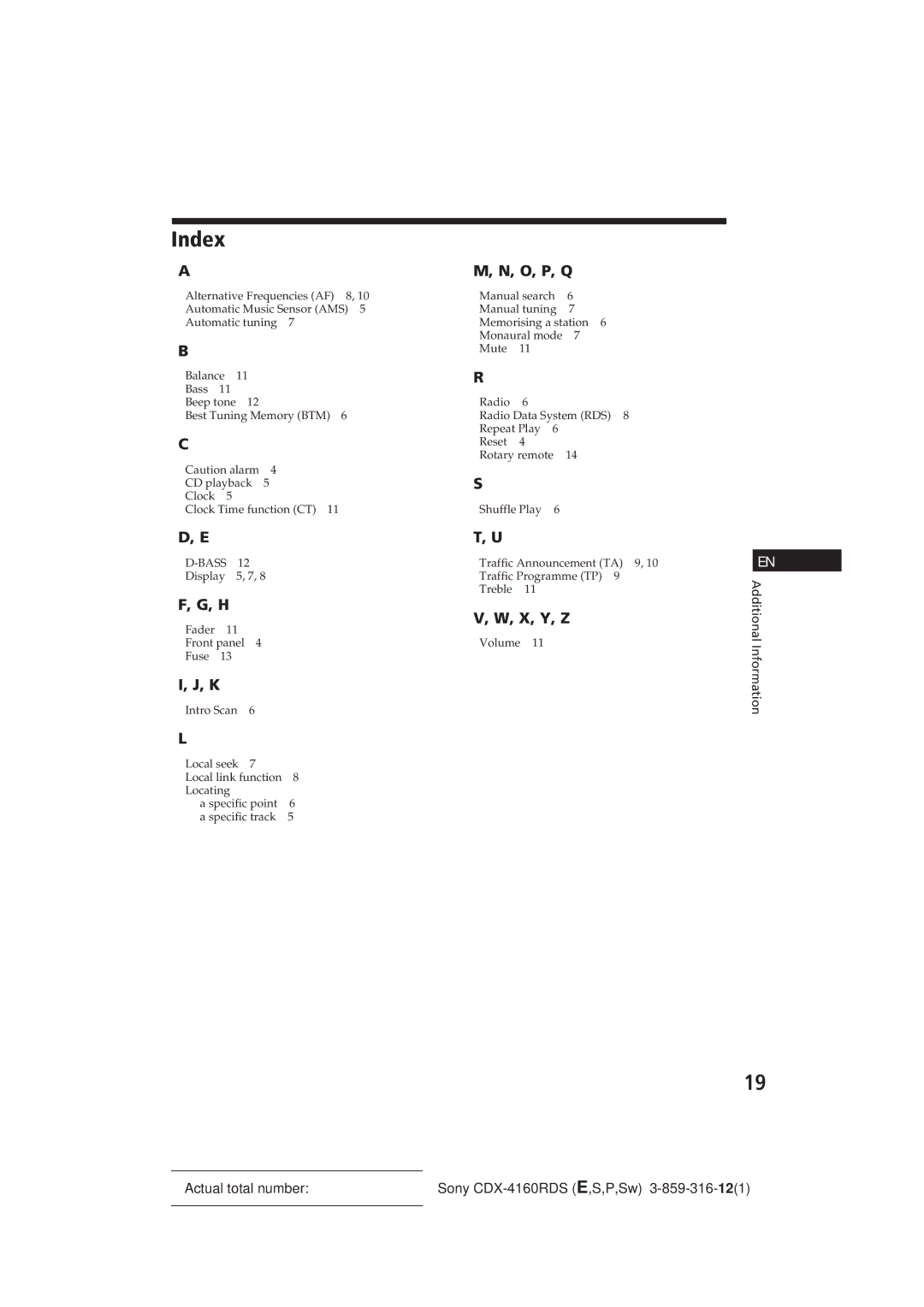 Sony CDX-4160RDS manual Index, Bass 