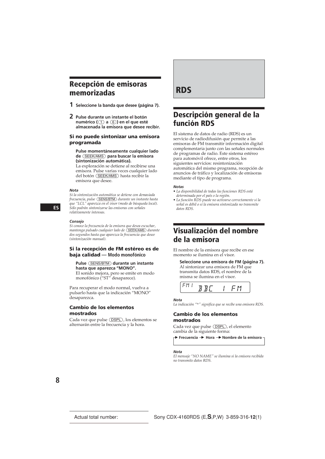 Sony CDX-4160RDS manual Descripción general de la función RDS, Visualización del nombre de la emisora 