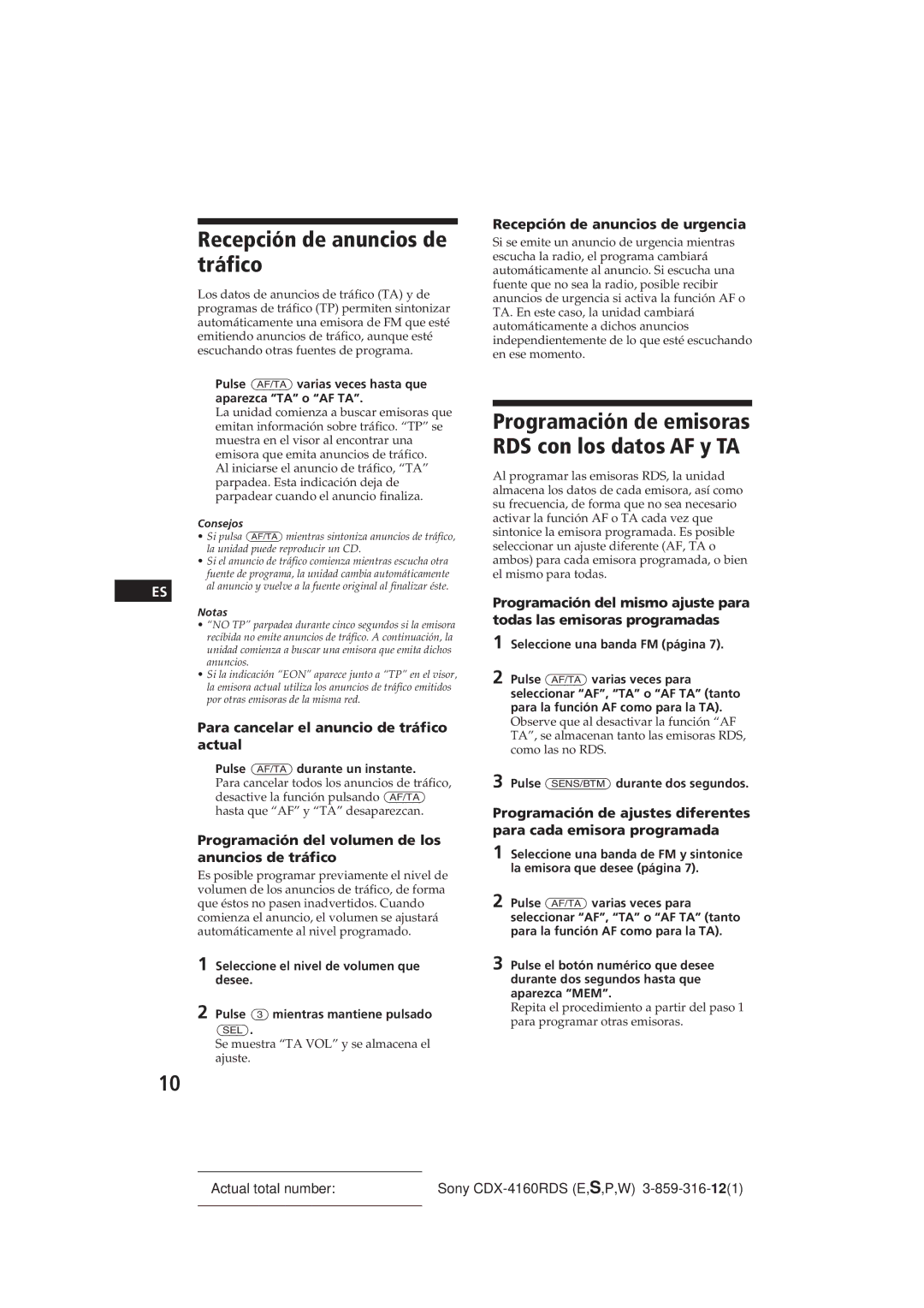 Sony CDX-4160RDS manual Recepción de anuncios de tráfico, Programación de emisoras RDS con los datos AF y TA 