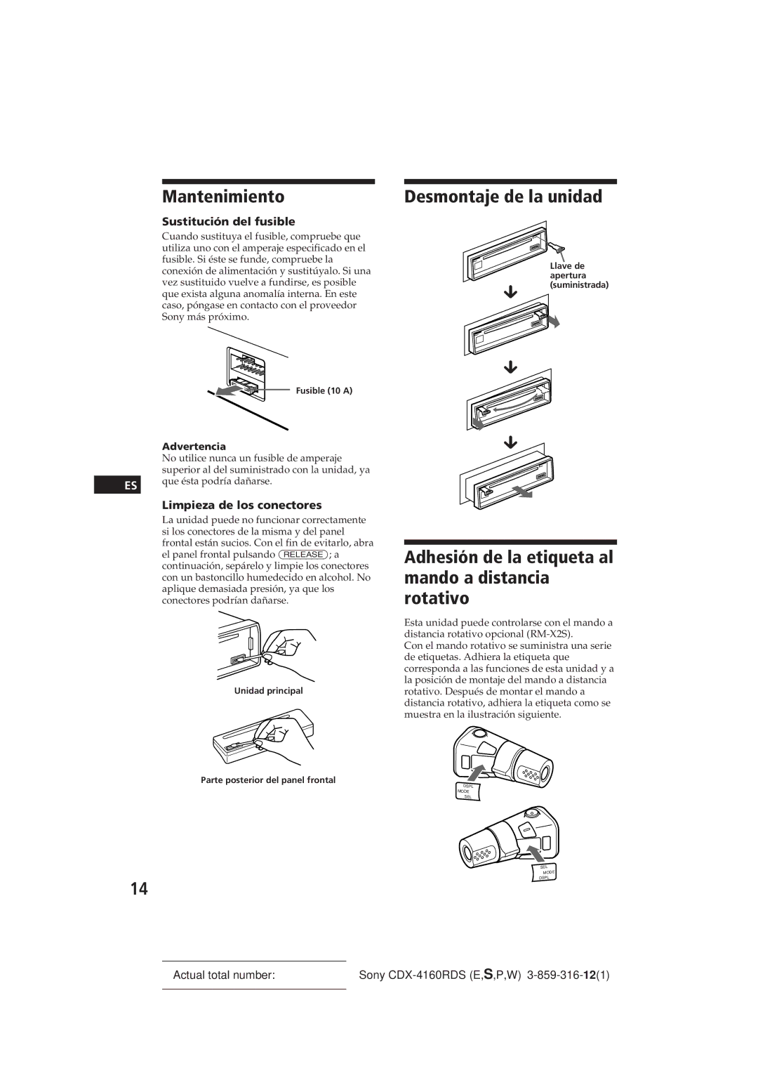 Sony CDX-4160RDS manual Mantenimiento, Desmontaje de la unidad, Adhesión de la etiqueta al mando a distancia rotativo 