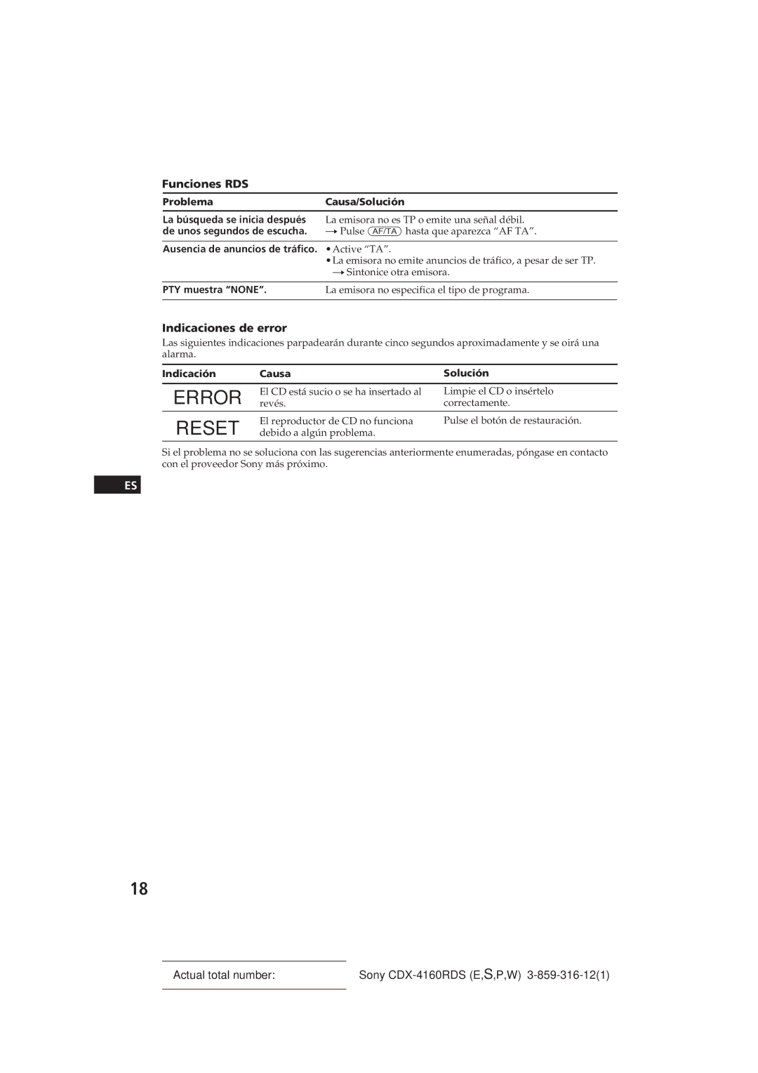 Sony CDX-4160RDS Funciones RDS, Indicaciones de error, ProblemaCausa/Solución, Ausencia de anuncios de tráfico. Active TA 