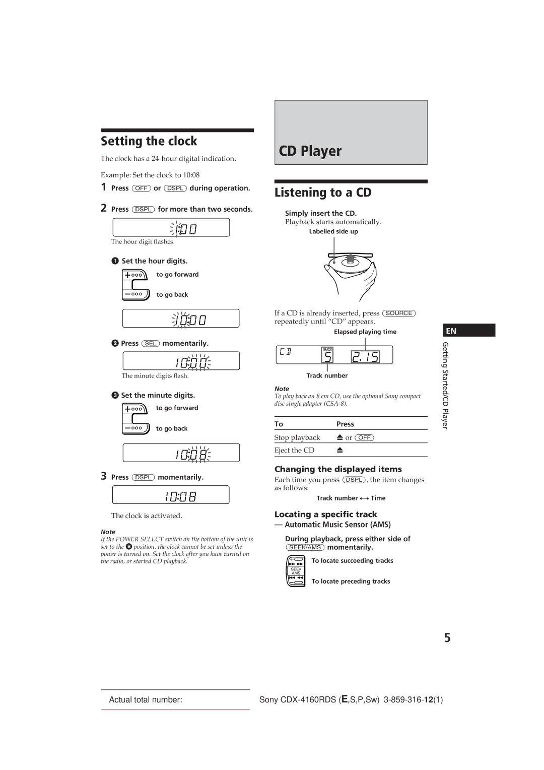 Sony CDX-4160RDS manual CD Player, Setting the clock, Listening to a CD, Changing the displayed items 