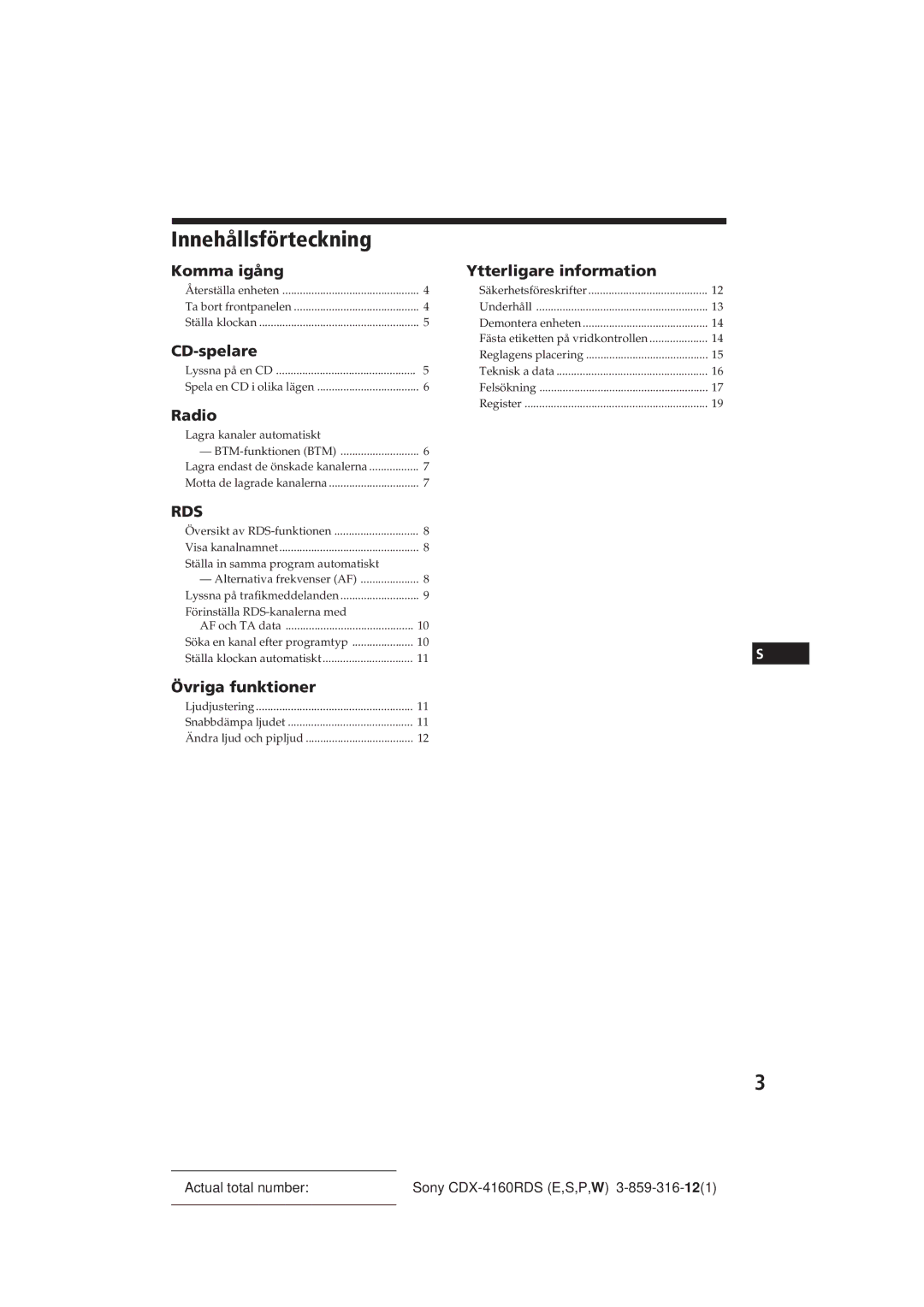 Sony CDX-4160RDS manual Innehållsförteckning, Ytterligare information 