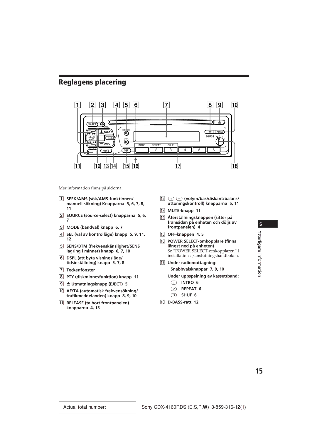 Sony CDX-4160RDS manual Reglagens placering, Mer information finns på sidorna 