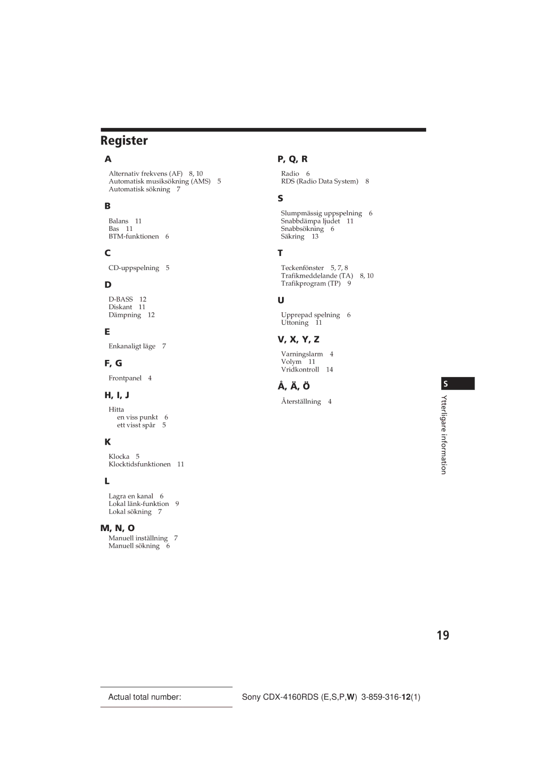 Sony CDX-4160RDS manual Register, Y, Z 