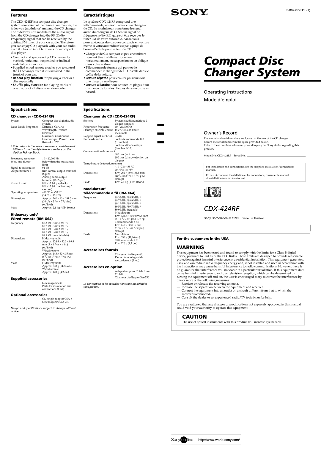 Sony CDX-424RF operating instructions Features, Caractéristiques, Specifications, Spécifications 