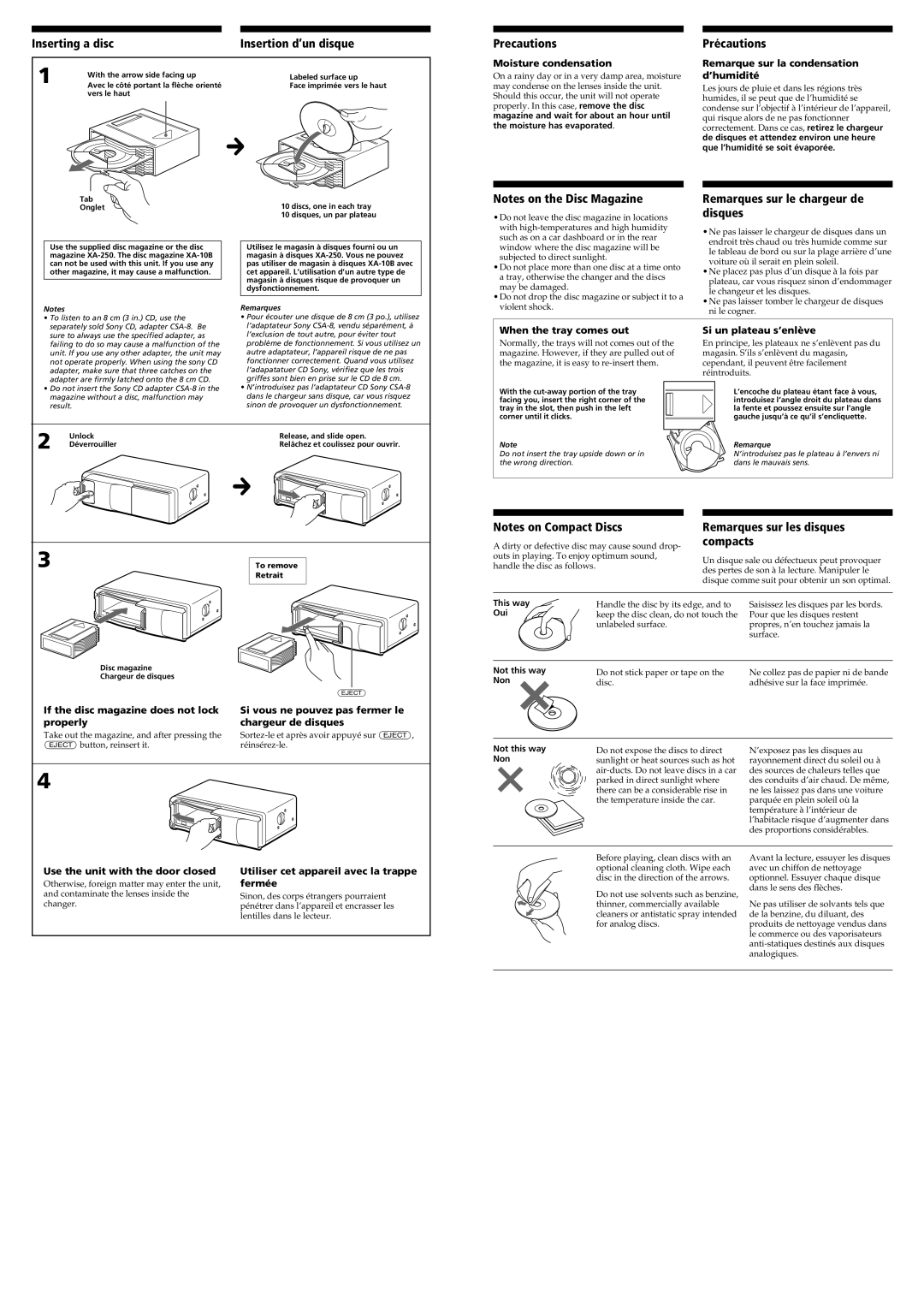 Sony CDX-424RF Inserting a disc Insertion d’un disque, Precautions, Précautions, Remarques sur le chargeur de disques 