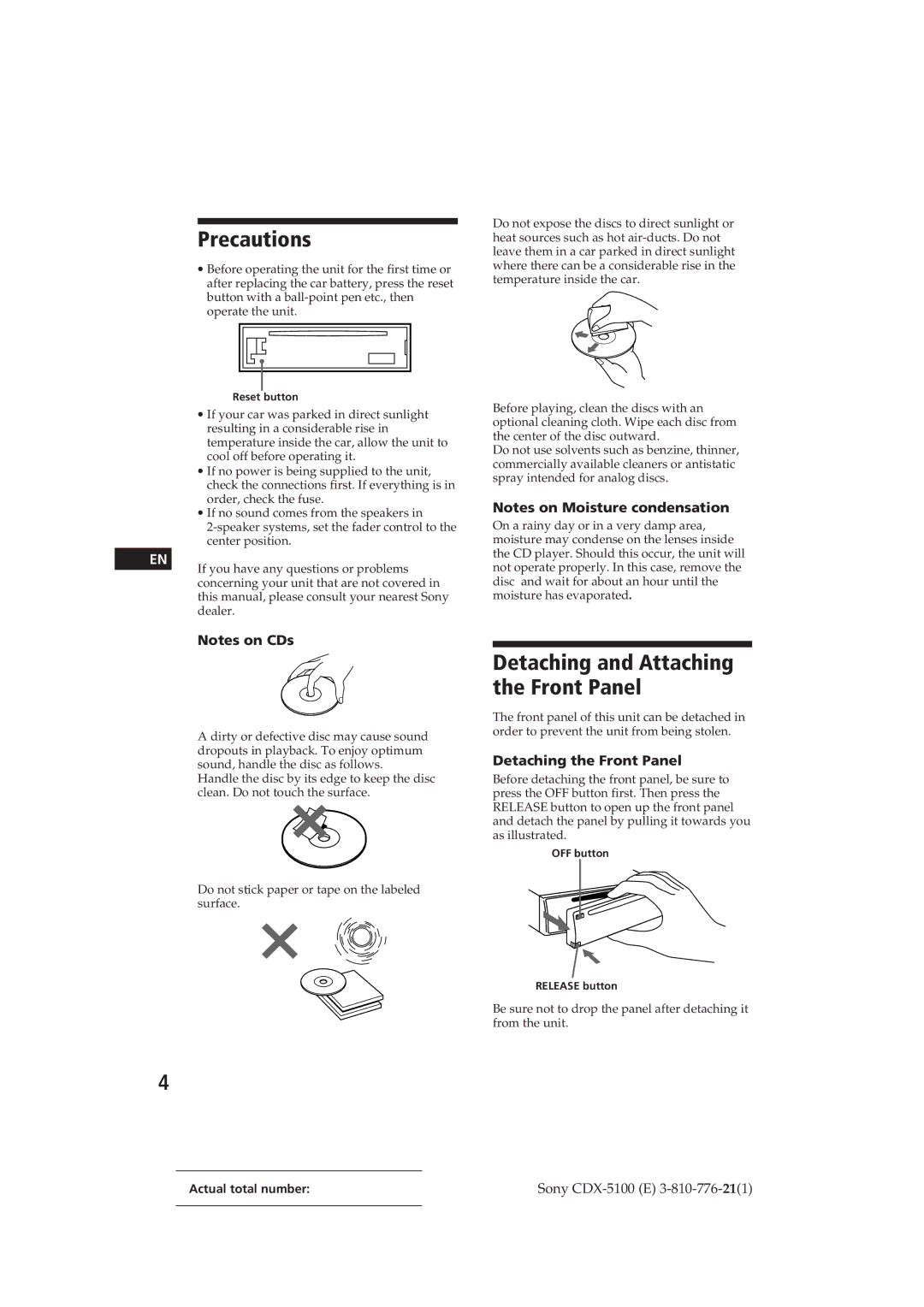 Sony CDX-5100 manual Precautions, Detaching the Front Panel 