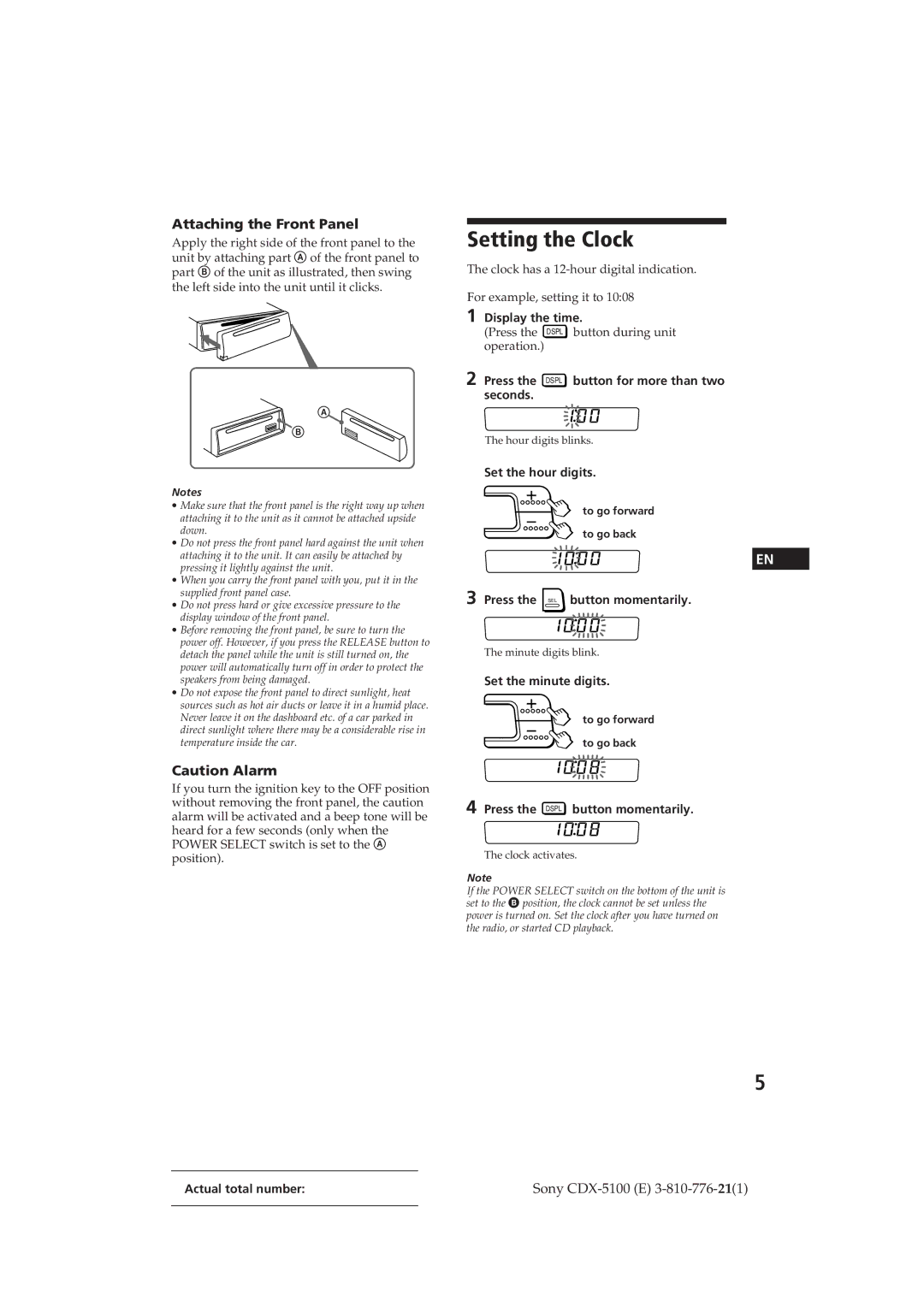 Sony CDX-5100 manual Setting the Clock, Attaching the Front Panel 