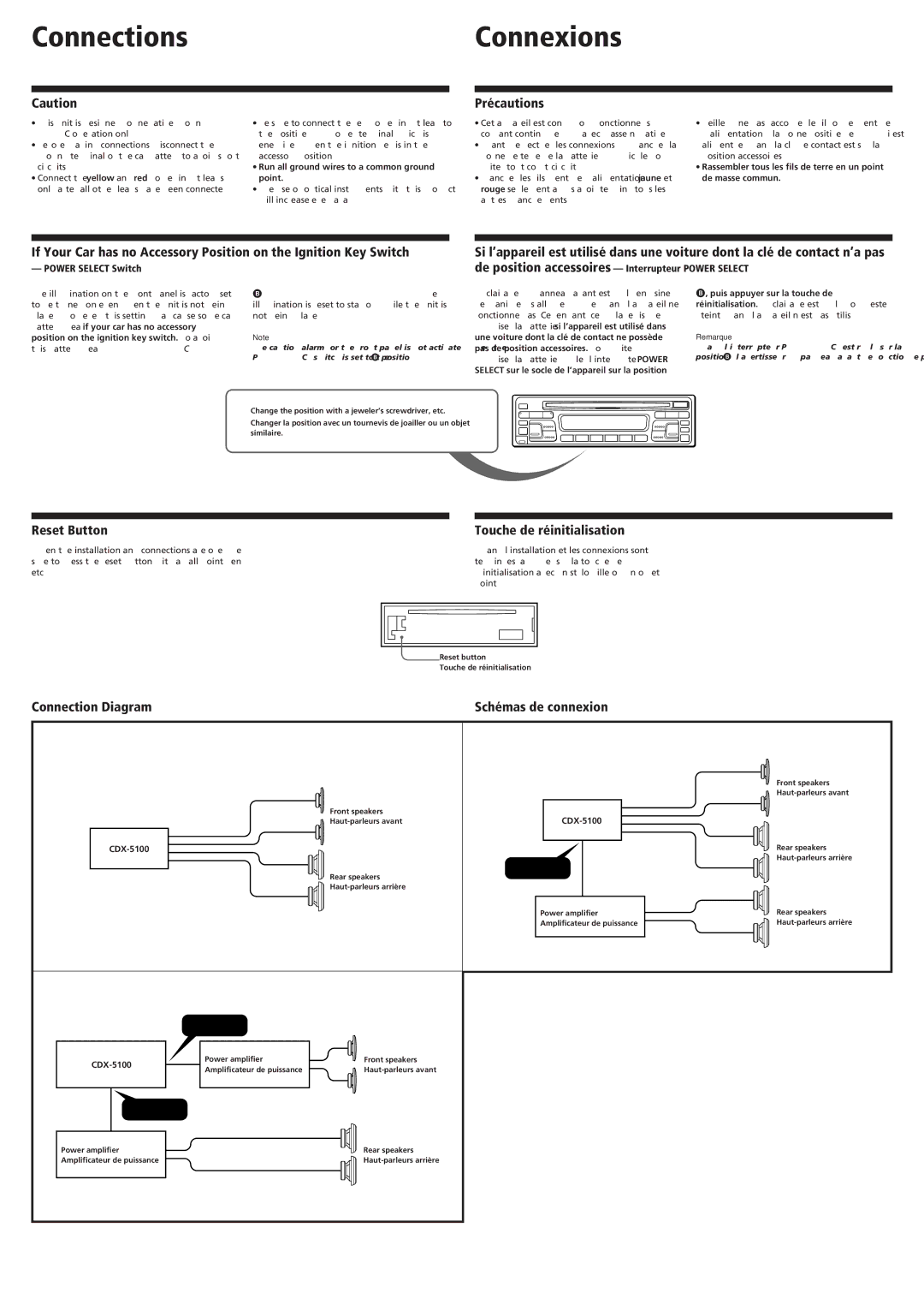 Sony CDX-5100 Reset Button Touche de réinitialisation, Connection Diagram Schémas de connexion, Example Exemple 