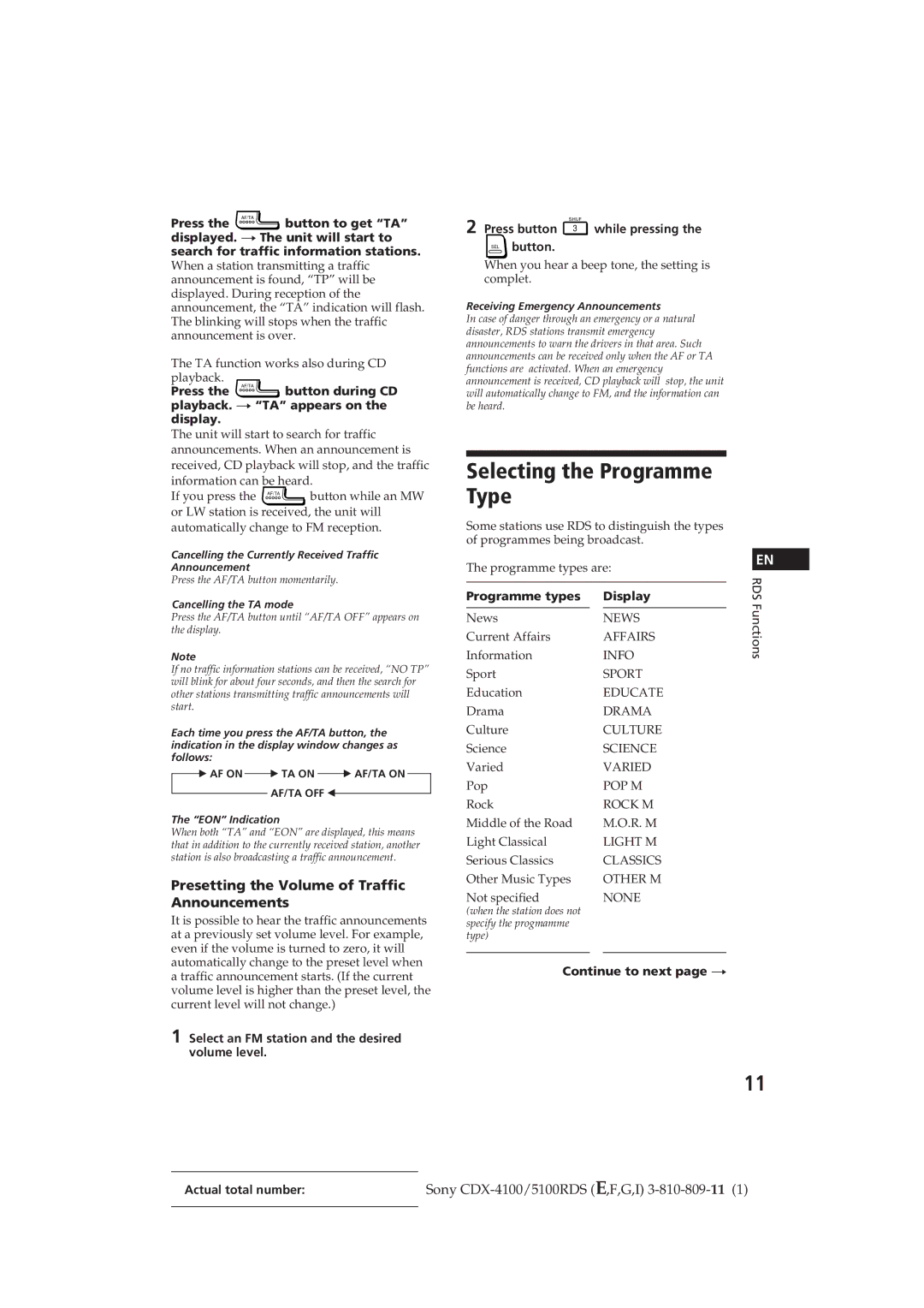 Sony CDX-4100RDS, CDX-5100RDS manual Selecting the Programme Type, Presetting the Volume of Traffic Announcements 