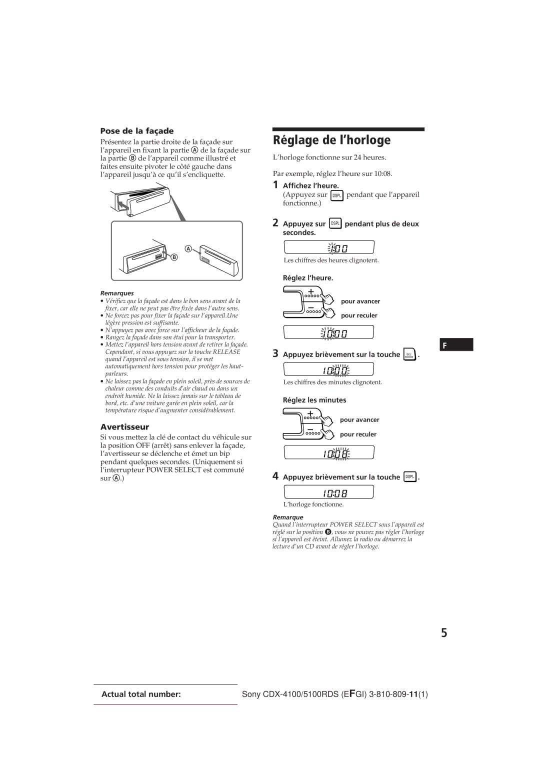 Sony CDX-4100RDS, CDX-5100RDS manual Réglage de l’horloge, Pose de la façade, Avertisseur 