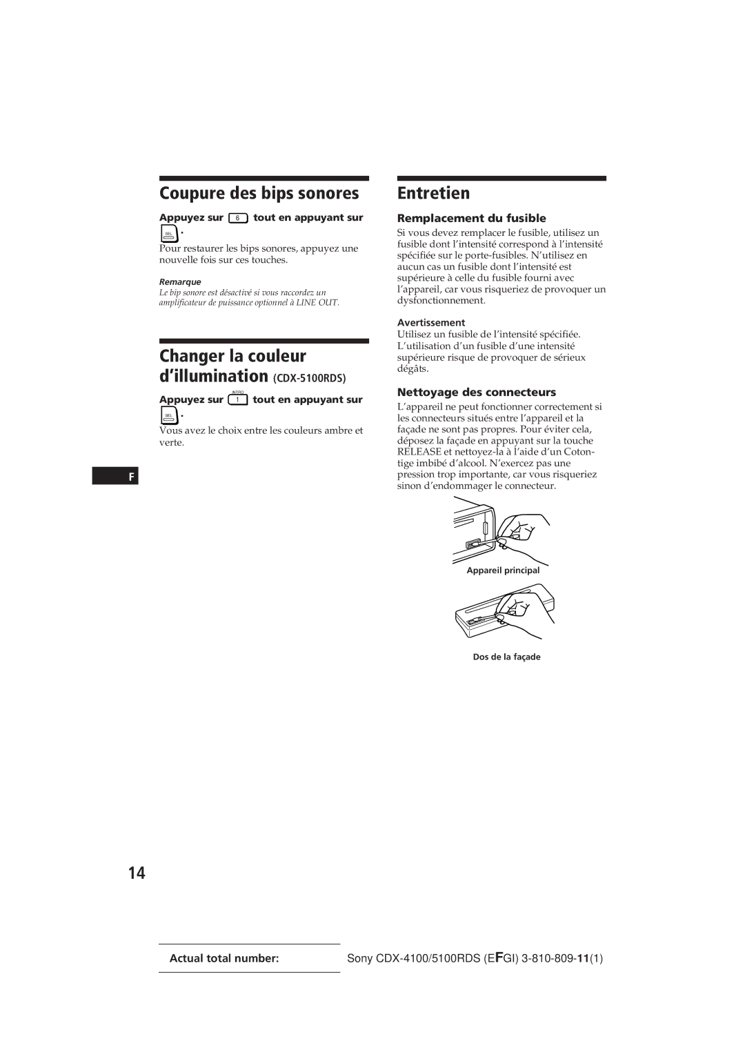 Sony CDX-5100RDS, CDX-4100RDS manual Coupure des bips sonores, Entretien, Remplacement du fusible, Nettoyage des connecteurs 