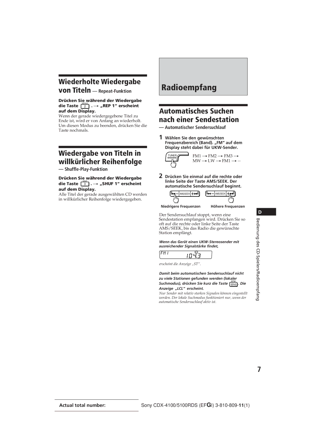 Sony CDX-4100RDS, CDX-5100RDS Radioempfang, Wiederholte Wiedergabe, Wiedergabe von Titeln in willkürlicher Reihenfolge 