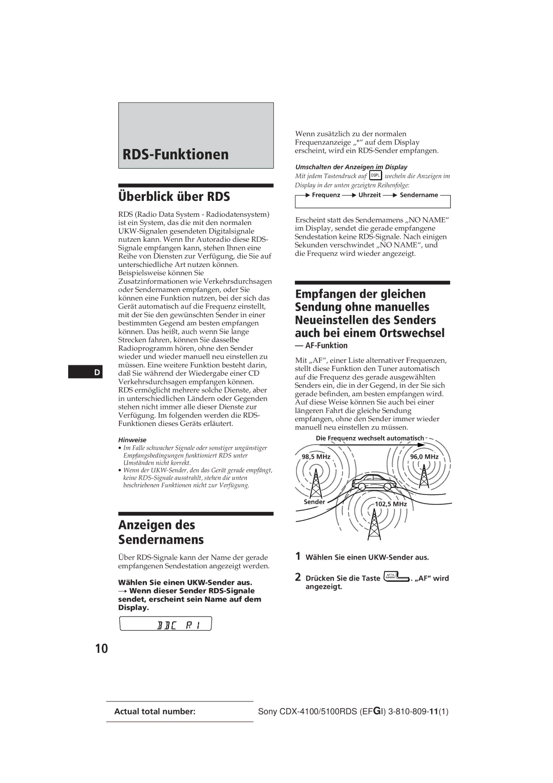 Sony CDX-5100RDS, CDX-4100RDS manual RDS-Funktionen, Überblick über RDS, Anzeigen des Sendernamens, AF-Funktion 