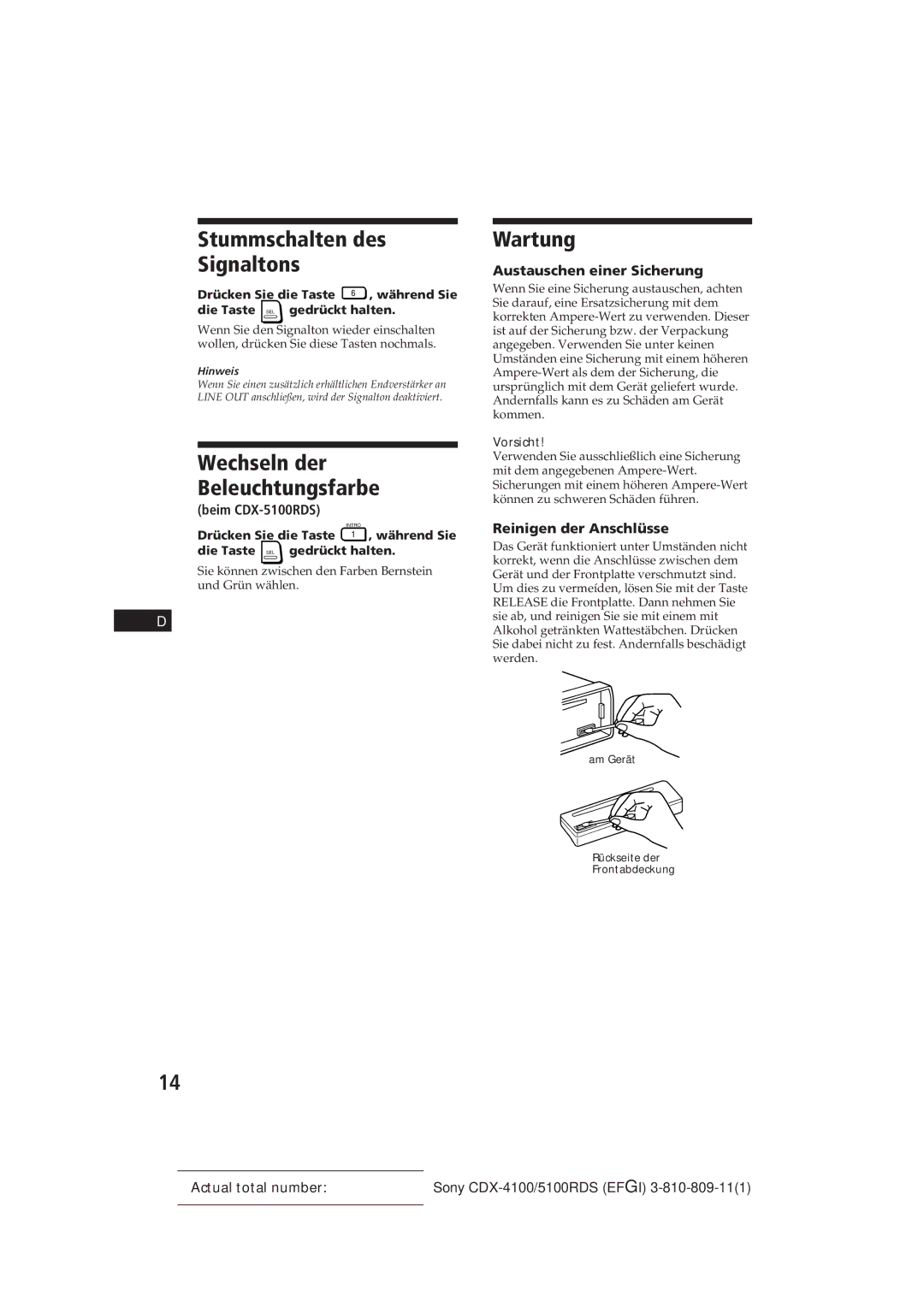 Sony CDX-5100RDS, CDX-4100RDS manual Stummschalten des Signaltons, Wechseln der Beleuchtungsfarbe, Wartung 