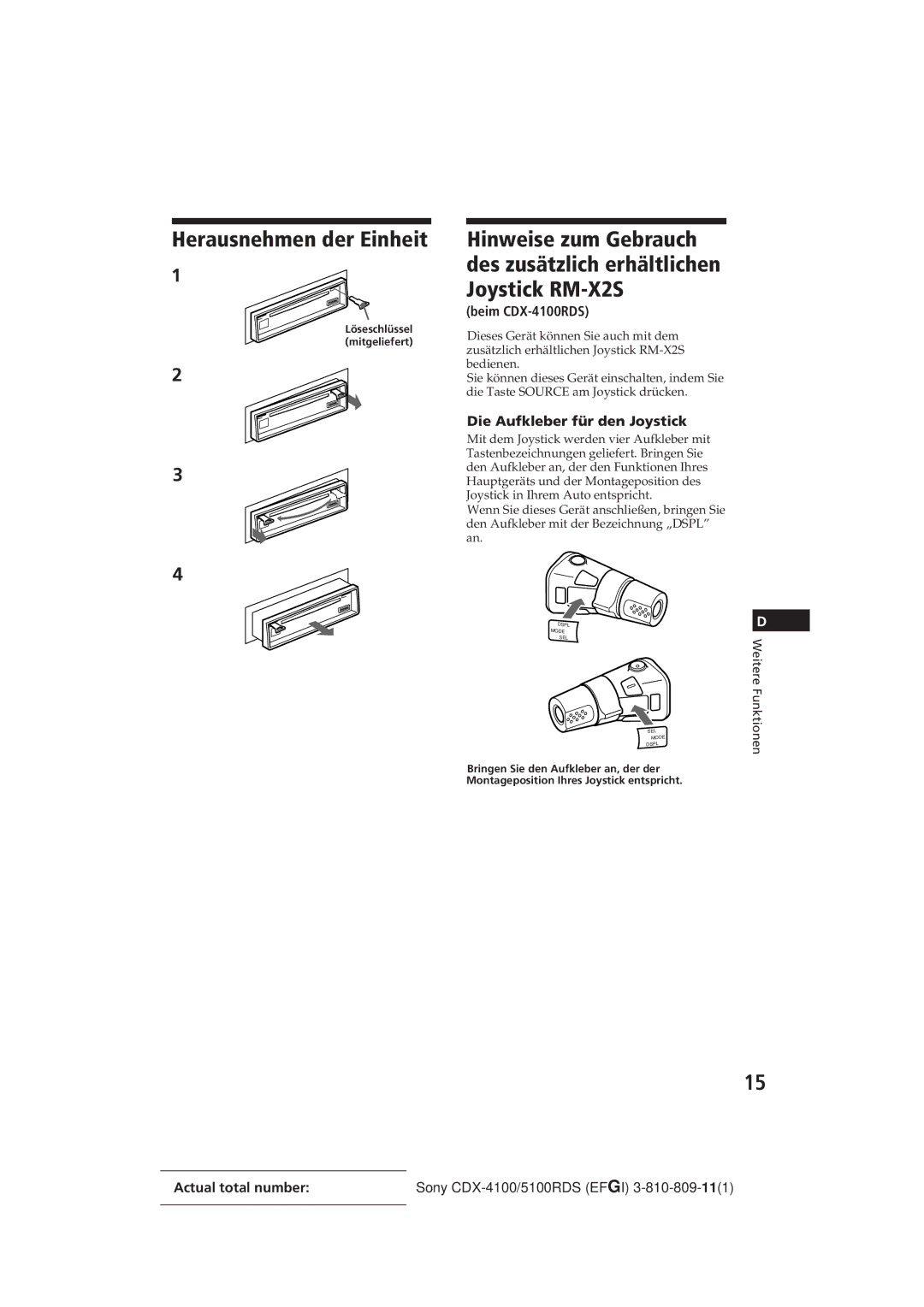 Sony CDX-5100RDS manual Herausnehmen der Einheit, Beim CDX-4100RDS, Die Aufkleber für den Joystick 