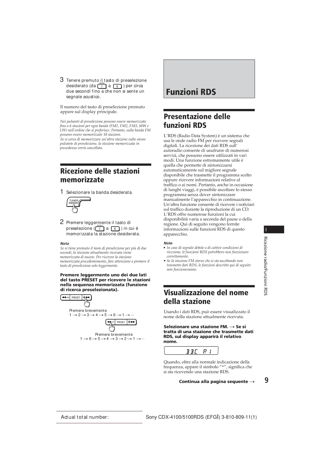 Sony CDX-4100RDS, CDX-5100RDS manual Funzioni RDS, Ricezione delle stazioni memorizzate, Presentazione delle funzioni RDS 