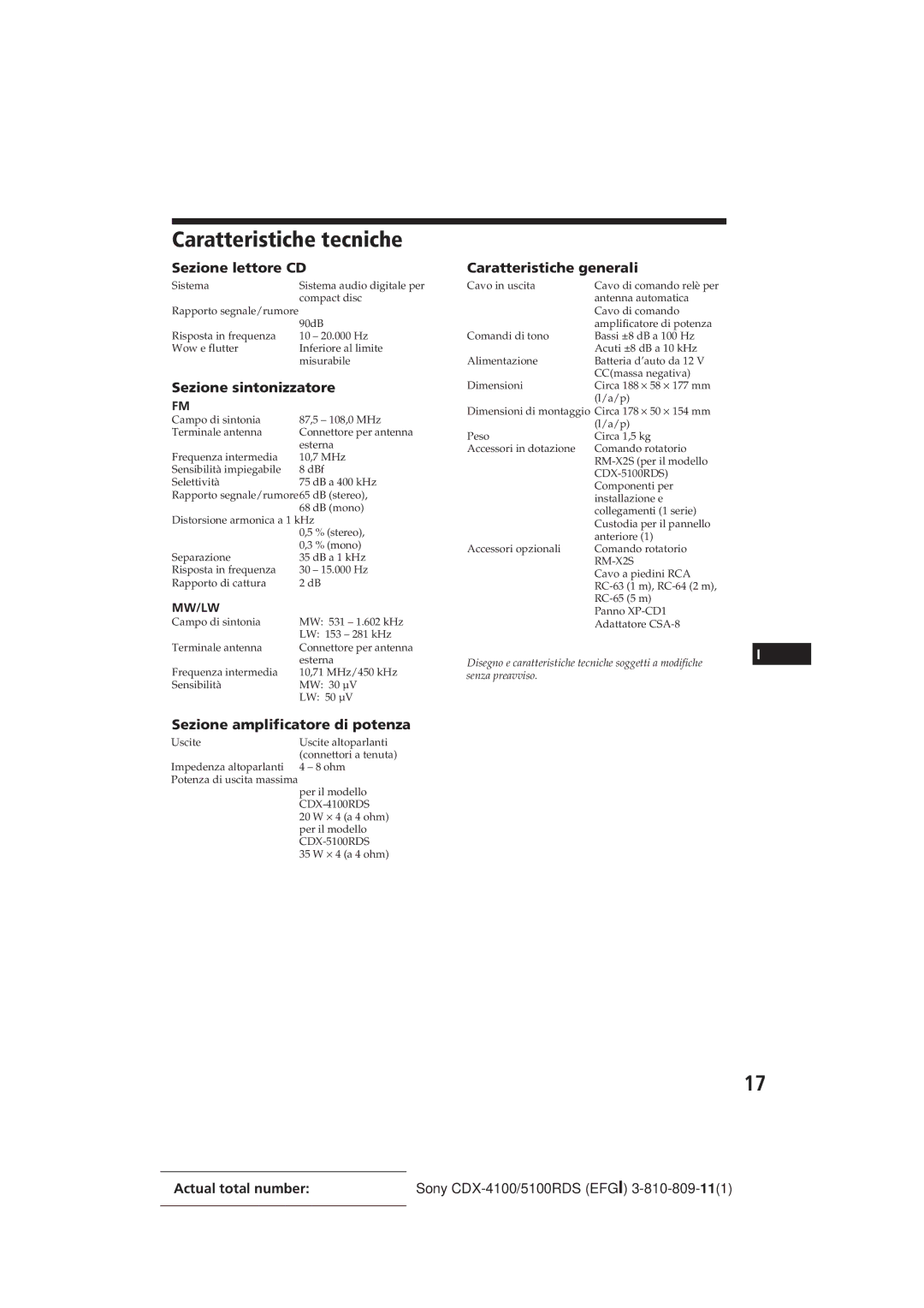 Sony CDX-4100RDS, CDX-5100RDS manual Caratteristiche tecniche, Sezione amplificatore di potenza 