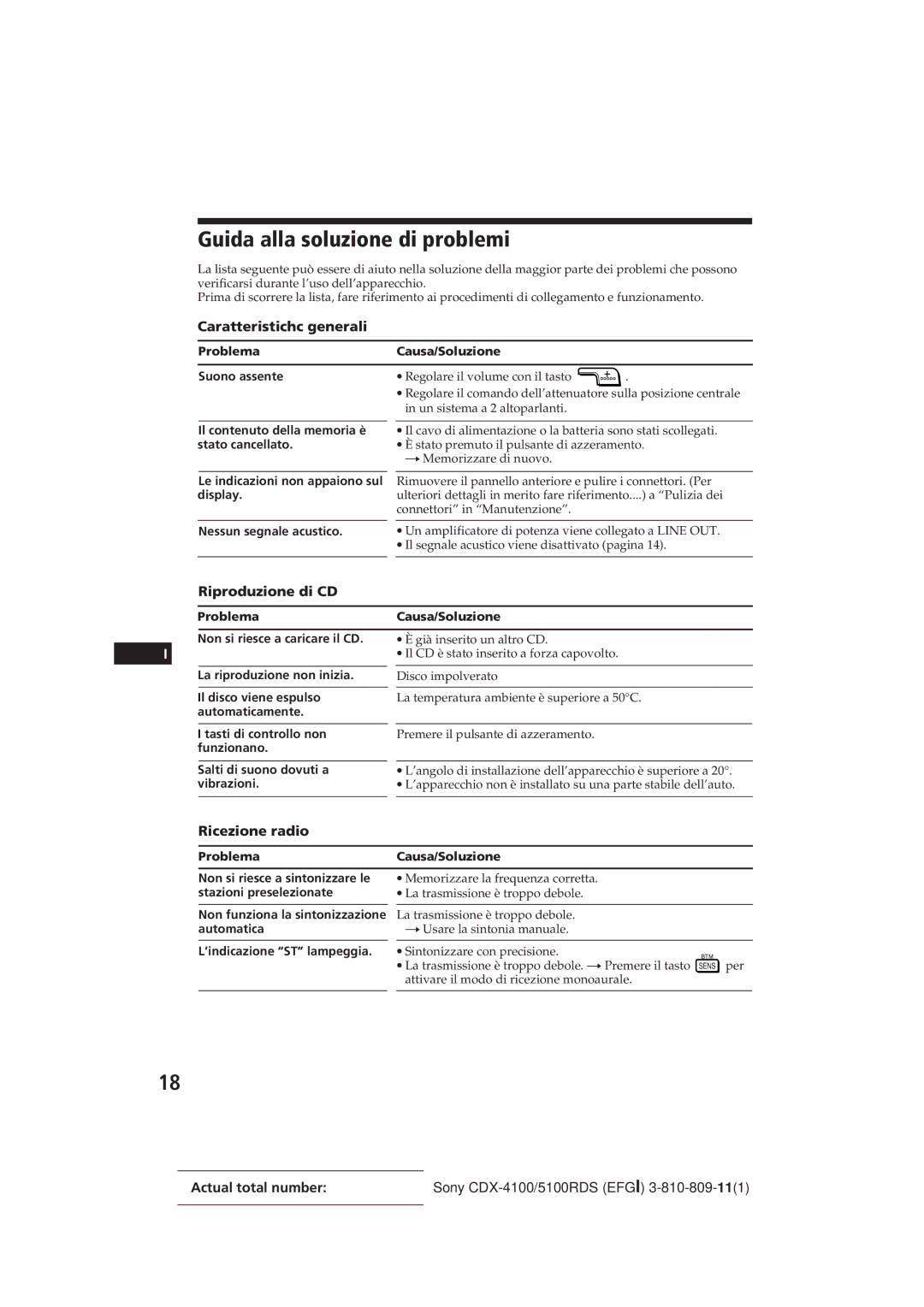 Sony CDX-5100RDS manual Guida alla soluzione di problemi, Caratteristichc generali, Riproduzione di CD, Ricezione radio 